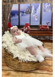 Beniizle فستان بدلة للجسم - تطريز ديزي، تول وأزرار كبس، 100% قطن، 6-24