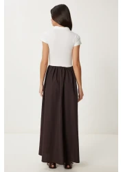 Lovelyİstanbul فستان بتنورة بوبلين مع جزء علوي محبوك مرن باللون البني الداكن LFN0099