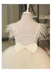 Black&White فستان بناتي أبيض منفوش، فستان عيد ميلاد، فستان زفاف مزين بالريش، موديل الأميرة