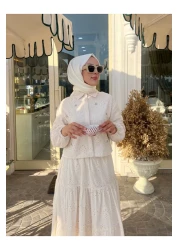 PİNK FLY طقم حجاب طويل بتفاصيل حجرية كريمي