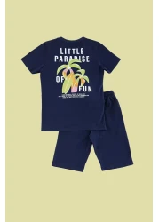 TRENDYOLKIDS Navy Blue Male Child 100% Cotton Tropical Printed Knitted T-Shirt Shorts Bottom-Top Suit Tkdss24Au00005