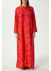 Ritnice فستان طويل بأزرار أمامية برتقالية اللون برتقالي 100٪ فيسكوز حديقة نسائية محتشمة