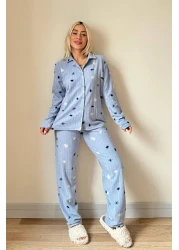 Pijamaevi Blue Pine Patterned Front Buttoned Plush Fleece Pajama Set