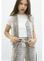 Cansın Mini طقم بناتي مكون من قطعتين مع سترة بأزرار بنية وسروال واسع الأرجل وحزام 21014