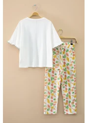 Cansın Mini طقم بناتي بنطال منقوش بأوراق إكرو تي شيرت كبير الحجم 20228