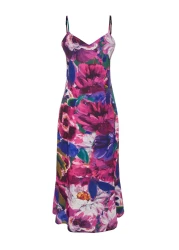  Collection Multicolored Flower Print Straight Cut Strap Midi Satin Woven Dress TWOSS23EL02416