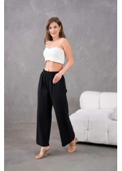 MVStore بنطال نسائي من الكتان ذو خصر مطاطي وواسع الساق ومريح