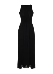  Collection Black Maxi Halter Collar Lined Knitted Woven Mixed Dress TWOSS24EL00143
