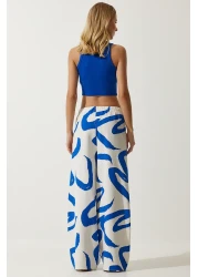Happiness İstanbul Women's White Blue Patterned Raw Linen Palazzo Trousers BH00397