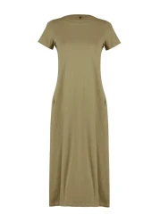  Collection Khaki Pocketed Premium Crew Neck A-Line Knitted Midi Dress TWOSS24EL00169