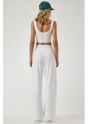 Happiness İstanbul بنطلون رياضي نسائي أبيض عالي الخصر قابل للتمدد BF00030