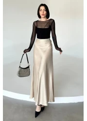 Maude تنورة نسائية بيج فلوش فيسكوز من الساتان بحزام مطاطي وسحاب طويل على شكل حرف A