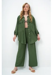 Trend Alaçatı Stili بدلة سفاري كاكي بجيب مزدوج للسيدات وبنطلون Aerobin واسع الساق بخصر مطاطي Ymx8448
