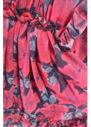 Riccotarz فستان بناتي بياقة مكشكشة وأكتاف مكشكشة ومطرز بالزهور باللون الأحمر