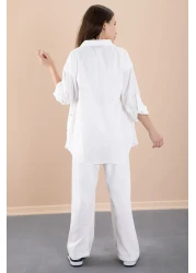 Cansın Mini White Girl's Croplu Stone Shirt and Pants 3 Piece Set 20468