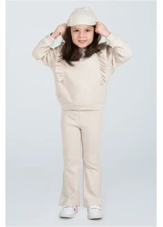 Kyron Girl's Frill Detailed Hooded Knitwear Tracksuit Set - Beige
