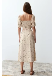  Collection Beige Viscose Midi Blouse and Skirt Set - Slit Detail, Polka Dot Twoss20Au0097
