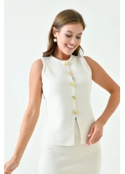 vuvutasarım High Waist Midi Length Sleeveless Stretchy Knitwear Set - Buttoned Vest, Ecru 5155