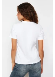  Collection White 100% Cotton Slogan Embroidered Regular Fit Knitted T-Shirt TWOSS24TS00097