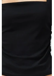  Collection Black Solid Square Neck Straps Shirred Fitted/Fitted Stretchy Knitted Blouse Twoss24Bz00400