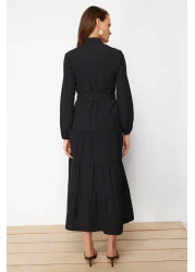  Modest فستان منسوج بحزام أسود وأزرار وطية صدر السترة TCTSS21EL3343