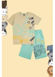 TRENDYOLKIDS النعناع الصبي القطن شعار نمط تي شيرت السراويل مجموعة محبوك أسفل أعلى مجموعة TKDSS24AU00030