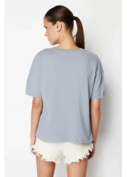  Collection Gray 100% Cotton Slogan Printed Relaxed/Wide Relaxed Cut Knitted T-Shirt TWOSS19GH0034