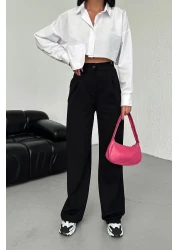 CNRCollection بنطلون بالازو نسائي أسود عالي الخصر مطوي بأزرار من الليكرا قابل للتمدد مقاس كبير غير رسمي