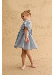 Fahhar Kids Flounced Embroidered Cotton Dress Light Blue