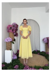 Julidress Yellow Embroidered Lined Balloon Sleeve Midi Length Premium Linen Dress