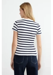  Collection Navy Blue Striped Knitted Blouse with Stretchy Viscous Fabric - Twoss24Bz00296