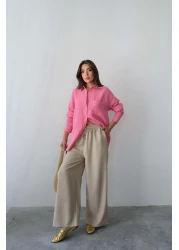 Hatun Atila بنطلون Palazzo صيفي مريح بخصر عالٍ وأربطة وأرجل واسعة - بيج