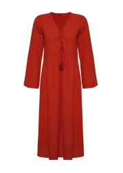  Collection فستان شاطئ ماكسي منسوج باللون الأحمر مصنوع من القطن بنسبة 100% TBESS25EL00015