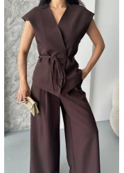 spirituel Women's Double Bottom Top Suit Lace-Up Loose Cut Flowy Summer Short Sleeve Kimono Jacket Palazzo Pants