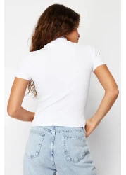  Collection White Fitted High Collar Crop Ribbed Stretchy Knitted Blouse TWOSS21BZ0780