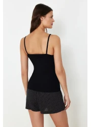  Collection Black 100% Cotton Polka Dot Button Detail Rope Strap Shorts Knitted Pajamas Set Thmss24Pt00335