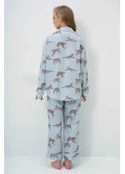 Trend Alaçatı Stili Mint Green Piping Detailed Digital Printed Satin Long Shirt and Pants Pajama Set Pjm-X13913