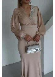 1Moda1Tarz فستان نسائي مستورد من قماش الكريب بأكمام وصدر شيفون مطرز بالأحجار بتصميم خاص