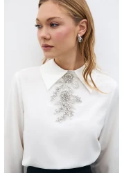 Sateen Ecru Blouse with Stone Accessories