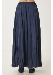 Happiness İstanbul تنورة نسائية صيفية منسوجة بتأثير التجاعيد باللون الأزرق الداكن DD01347