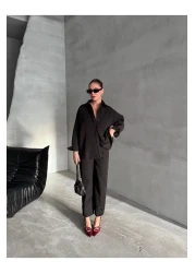 Laluvia Black Marlin Belted Shirt Trousers Set - 8453