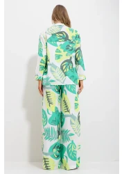 Trend Alaçatı Stili Women's Green Patterned Shirt and Trousers Top and Bottom Woven Set Alc-X11747