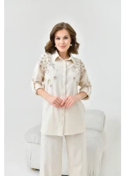 MVStore Women's Sequin Embroidery Stone Embroidered Flam Linen Shirt and Pants Set