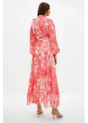  Modest Red Floral Patterned Lined Long Chiffon Evening Dress TCTSS24EB00040