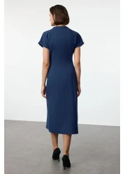  Collection Petrol A-Line Degaje Neck Midi Crepe Woven Dress Twoaw25El00393