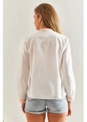 Bianco Lucci قميص كتان نسائي مطرز بياقة القاضي60171050