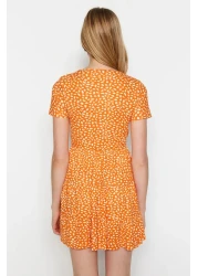  Collection Orange Printed Double Breasted Neck Mini Stretchy Knitted Dress TWOSS21EL0241