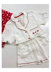 Serbella Red Love White Organic Muslin Shorts Pajama Set Cotton Anti-Sweat
