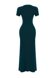  Collection Emerald Green Short Sleeve Fitted Crew Neck Flexible Knitted Maxi Pencil Dress TWOSS24EL00097