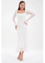 bayansepeti قماش دانتيل مبطن باللون الأبيض، تصميم رقبة مربعة، تصميم بأكمام طويلة من الدانتيل، فستان متوسط الطول 209